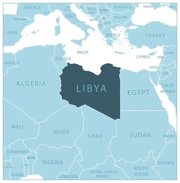 Libia Mapa Azul Con Los Países Vecinos Nombres Ilustración Vectorial — Archivo Imágenes Vectoriales