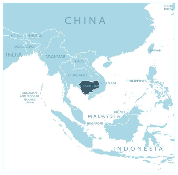 Kamboçya Komşu Ülkelerin Isimlerin Olduğu Mavi Harita Vektör Illüstrasyonu — Stok Vektör