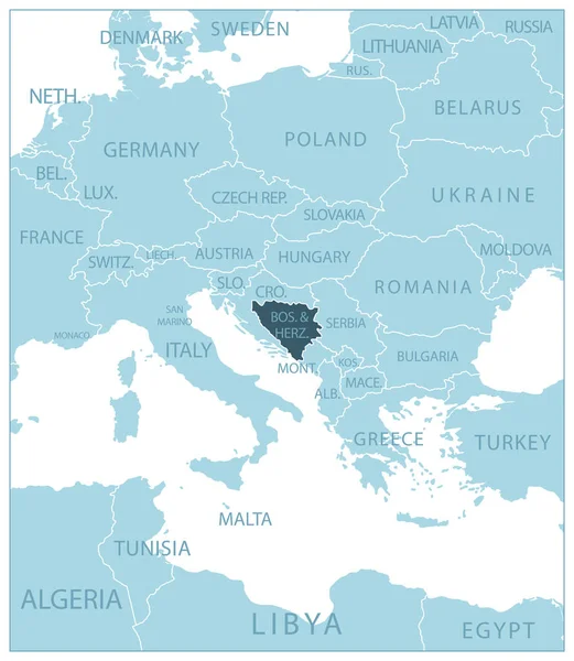 Bosnia Herzegovina Mapa Azul Con Los Países Vecinos Nombres Ilustración — Vector de stock