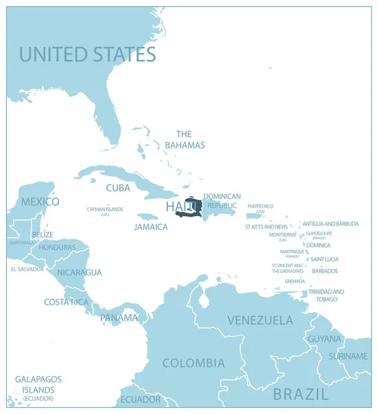 Haití Mapa Azul Con Los Países Vecinos Nombres Ilustración Vectorial — Vector de stock
