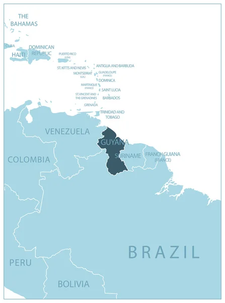 Guyana Mapa Azul Con Los Países Vecinos Nombres Ilustración Vectorial — Vector de stock
