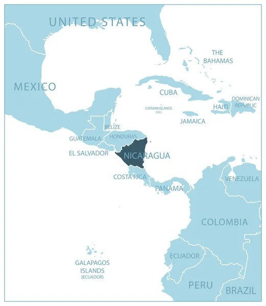 Nicaragua Blaue Karte Mit Nachbarländern Und Namen Vektorillustration — Stockvektor