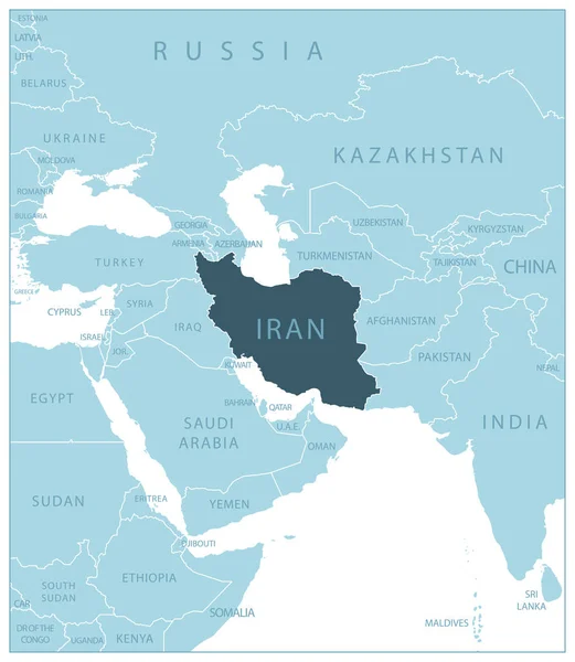 Írán Modrá Mapa Sousedními Zeměmi Jmény Vektorová Ilustrace — Stockový vektor