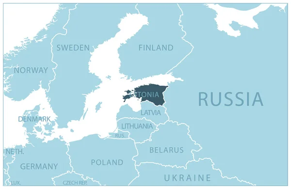 Estonia Mapa Azul Con Los Países Vecinos Nombres Ilustración Vectorial — Vector de stock