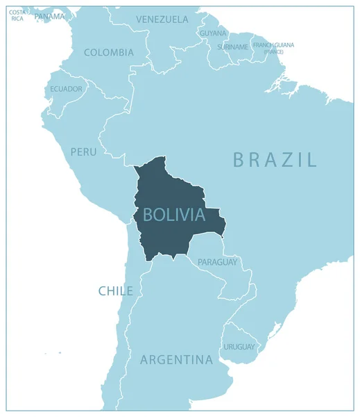 Bolívia Mapa Azul Com Países Vizinhos Nomes Ilustração Vetorial — Vetor de Stock