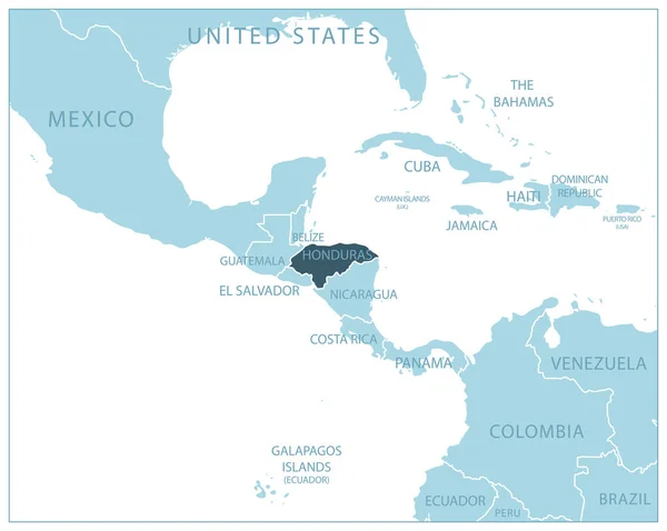 Honduras Mapa Azul Con Los Países Vecinos Nombres Ilustración Vectorial — Vector de stock