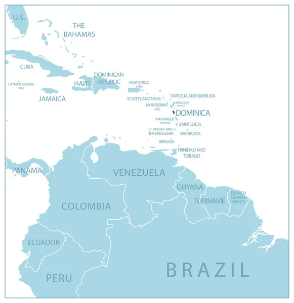 Dominica Mapa Azul Com Países Vizinhos Nomes Ilustração Vetorial —  Vetores de Stock