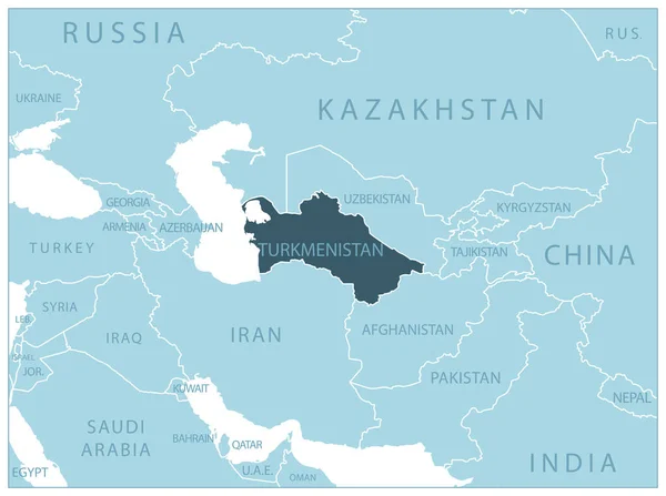 Turkmenistán Mapa Azul Con Los Países Vecinos Nombres Ilustración Vectorial — Vector de stock