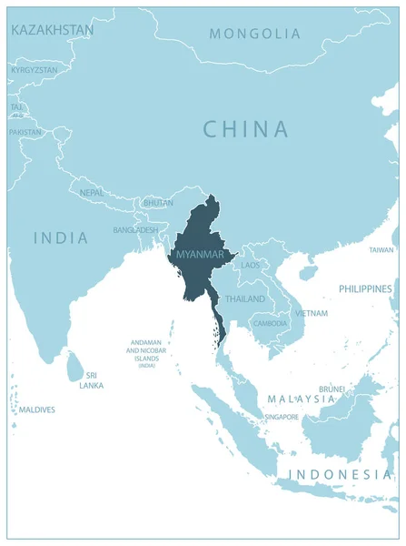 Myanmar Komşu Ülkelerin Isimlerin Olduğu Mavi Harita Vektör Illüstrasyonu — Stok Vektör