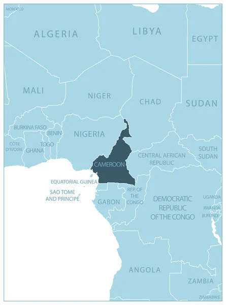 Camerún Mapa Azul Con Los Países Vecinos Nombres Ilustración Vectorial — Vector de stock