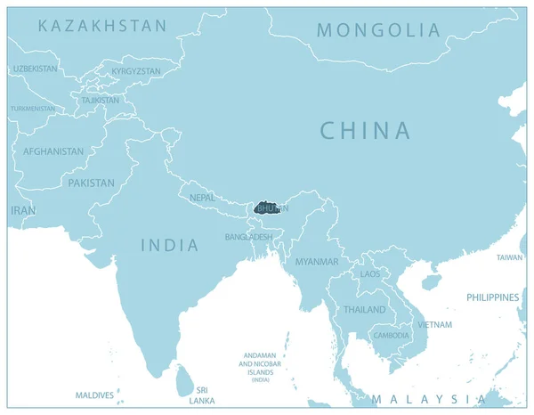 Bután Mapa Azul Con Los Países Vecinos Nombres Ilustración Vectorial — Vector de stock