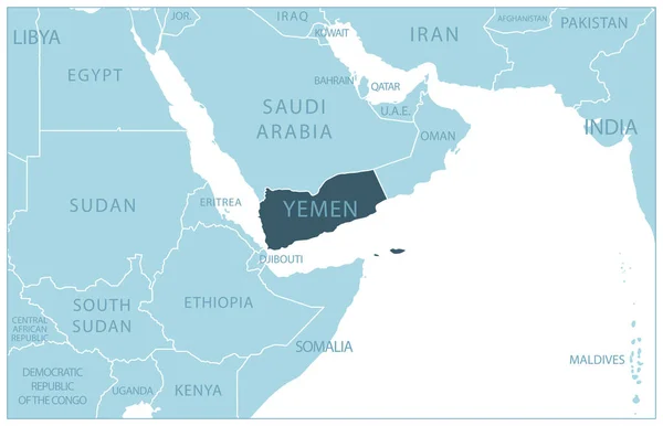 Yemen Mapa Azul Con Los Países Vecinos Nombres Ilustración Vectorial — Vector de stock