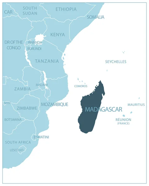 Madagaskar Komşu Ülkelerin Isimlerin Olduğu Mavi Harita Vektör Illüstrasyonu — Stok Vektör