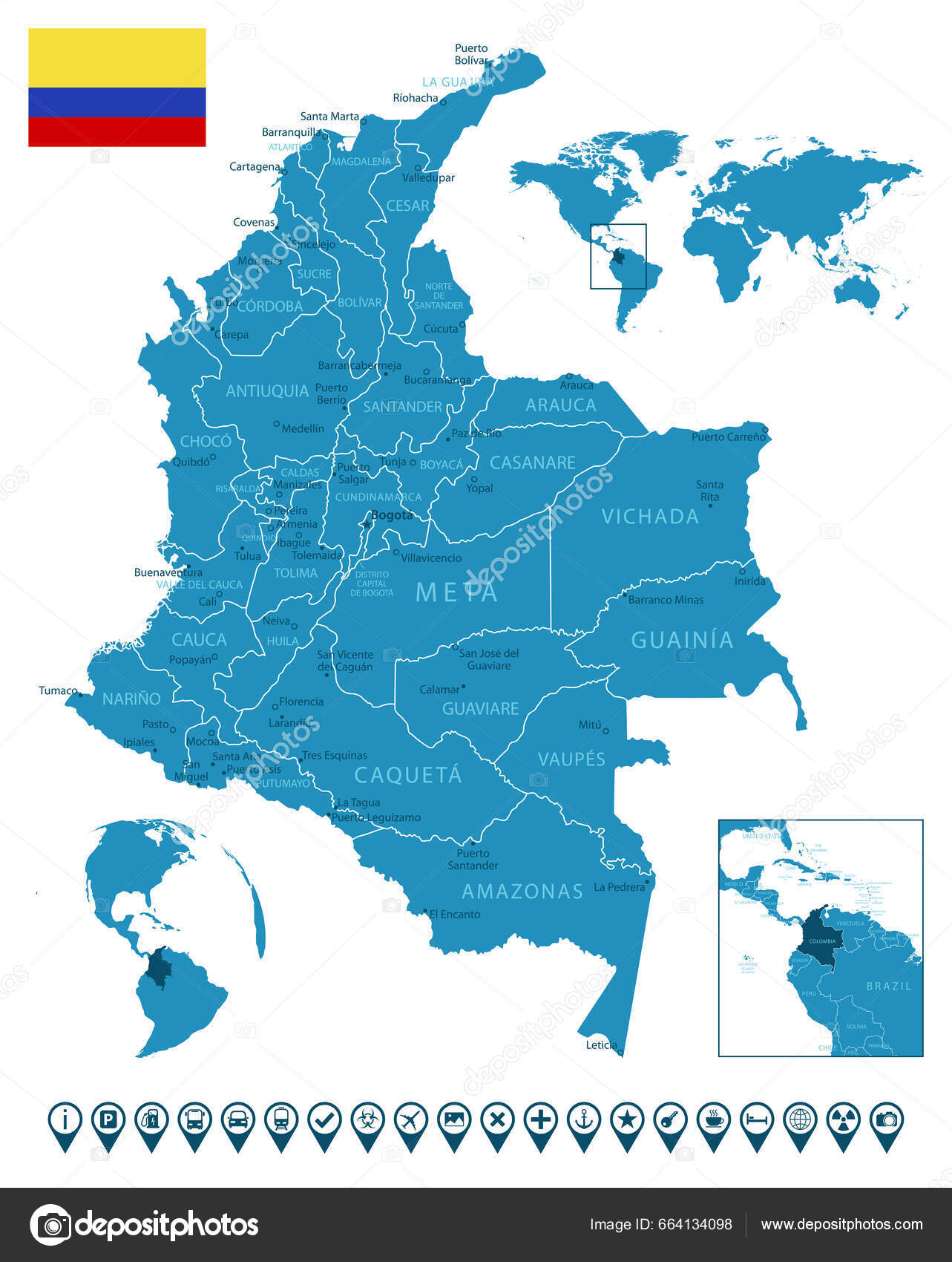 Colombia Detaljeret Blå Landkort Med Byer Regioner Placering Verdenskort  Kloden Stock-vektor af ©gt29 664134098