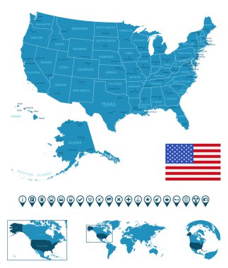 ABD - şehirler, bölgeler, dünya haritası ve küresi üzerinde yer alan detaylı mavi ülke haritası. Bilgi simgeleri. Vektör illüstrasyonu