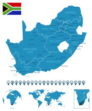Güney Afrika - şehirlerle, bölgelerle, dünya haritası ve yeriyle detaylı bir mavi ülke haritası. Bilgi simgeleri. Vektör illüstrasyonu