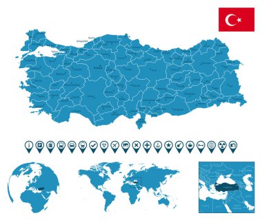 Türkiye - şehirler, bölgeler, dünya haritası ve küresi üzerinde yer alan detaylı bir mavi ülke haritası. Bilgi simgeleri. Vektör illüstrasyonu