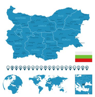 Bulgaristan - şehirler, bölgeler, dünya haritası ve küresindeki konum ile ilgili ayrıntılı mavi ülke haritası. Bilgi simgeleri. Vektör illüstrasyonu