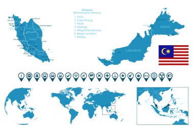 Malezya - şehirlerle, bölgelerle, dünya haritası ve yeriyle detaylı bir mavi ülke haritası. Bilgi simgeleri. Vektör illüstrasyonu