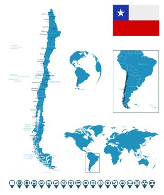 Şili - şehirlerle, bölgelerle, dünya haritası ve küresindeki yerlerle detaylı bir mavi ülke haritası. Bilgi simgeleri. Vektör illüstrasyonu