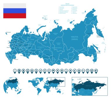 Rusya - şehirler, bölgeler, dünya haritası ve küresi üzerinde yer alan detaylı bir mavi ülke haritası. Bilgi simgeleri. Vektör illüstrasyonu