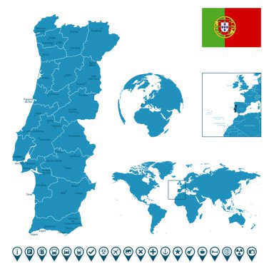 Portekiz - şehirler, bölgeler, dünya haritası ve küresi üzerindeki konum ile detaylı mavi ülke haritası. Bilgi simgeleri. Vektör illüstrasyonu
