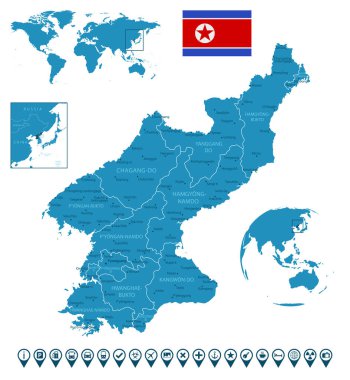 Kuzey Kore - şehirlerle, bölgelerle, dünya haritası ve yeriyle detaylı bir mavi ülke haritası. Bilgi simgeleri. Vektör illüstrasyonu