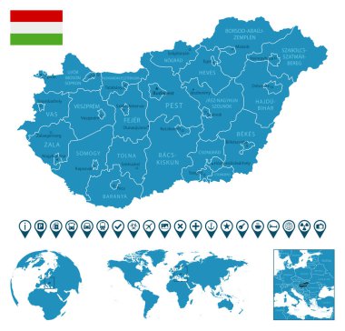 Macaristan - şehirlerle, bölgelerle, dünya haritası ve yeriyle detaylı bir mavi ülke haritası. Bilgi simgeleri. Vektör illüstrasyonu