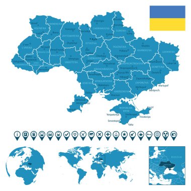 Ukrayna - şehirlerle, bölgelerle, dünya haritası ve yeriyle detaylı mavi ülke haritası. Bilgi simgeleri. Vektör illüstrasyonu