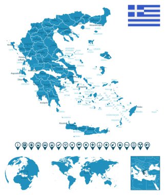 Yunanistan - şehirlerle, bölgelerle, dünya haritası ve küresindeki konumla ilgili ayrıntılı bir mavi ülke haritası. Bilgi simgeleri. Vektör illüstrasyonu