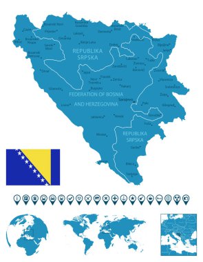 Bosna-Hersek - şehirler, bölgeler, dünya haritası ve yerinin yer aldığı ayrıntılı bir mavi ülke haritası. Bilgi simgeleri. Vektör illüstrasyonu