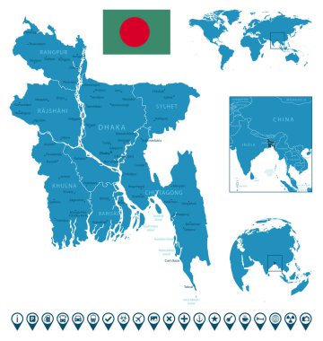 Bangladeş - şehirlerle, bölgelerle, dünya haritasında ve kürede yer alan detaylı mavi ülke haritası. Bilgi simgeleri. Vektör illüstrasyonu