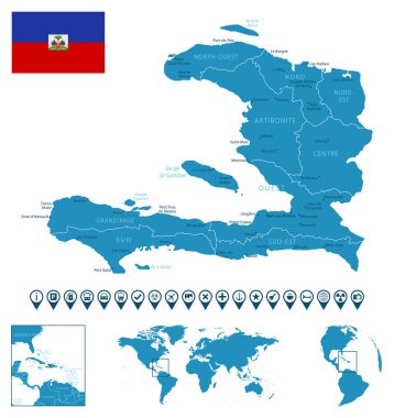 Haiti - şehirlerin, bölgelerin, dünya haritası ve yerinin detaylı mavi ülke haritası. Bilgi simgeleri. Vektör illüstrasyonu