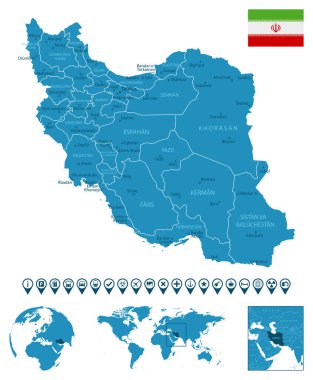 İran - şehirler, bölgeler, dünya haritası ve küresi üzerinde yer alan detaylı bir mavi ülke haritası. Bilgi simgeleri. resimleme