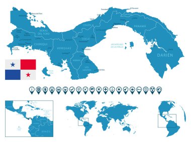 Panama - şehirlerle, bölgelerle, dünya haritası ve yeriyle detaylı bir mavi ülke haritası. Bilgi simgeleri. Vektör illüstrasyonu