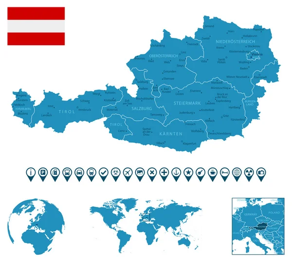 奥地利 详细的蓝色国家地图 附有城市 世界地图和全球位置 资讯图解图标 矢量说明 — 图库矢量图片