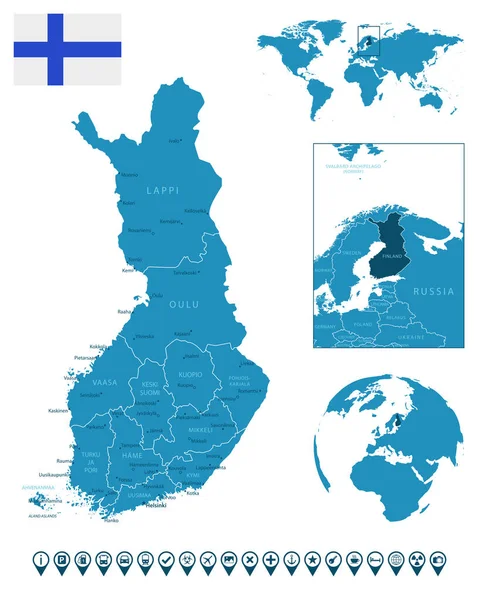 Finlandia Mapa Detallado Del País Azul Con Ciudades Regiones Ubicación — Vector de stock