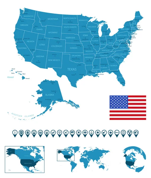 Usa Mappa Dettagliata Del Paese Blu Con Città Regioni Posizione — Vettoriale Stock