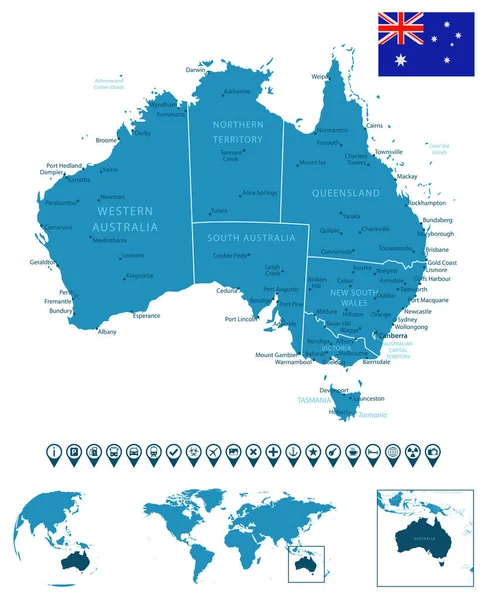 オーストラリア 世界地図と地球上の場所との詳細な青い国の地図 インフォグラフィックアイコン ベクターイラスト — ストックベクタ