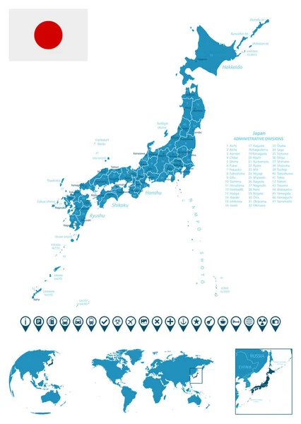 Japón Mapa Detallado Del País Azul Con Ciudades Regiones Ubicación — Vector de stock