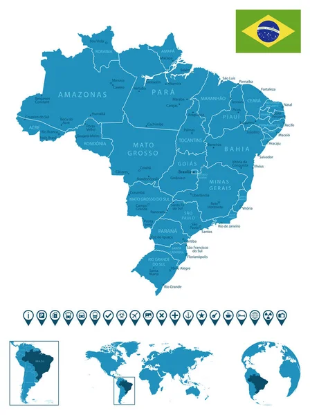 Бразилия Детальная Синяя Карта Страны Городами Регионами Расположением Карте Мира — стоковый вектор