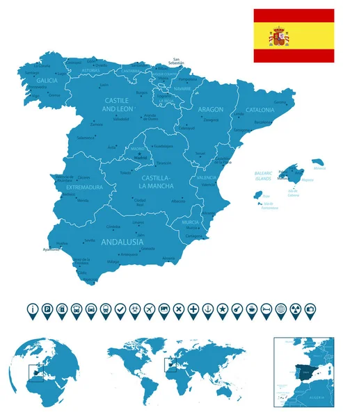 西班牙 详细的蓝色国家地图 有城市 地点在世界地图和全球 资讯图解图标 矢量说明 — 图库矢量图片