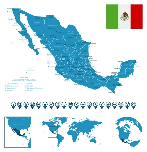 México Mapa Detallado Del País Azul Con Ciudades Regiones Ubicación — Vector de stock