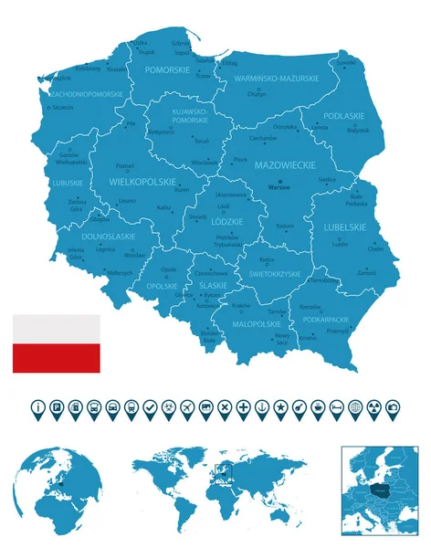 Polen Detaillierte Blaue Landkarte Mit Städten Regionen Lage Auf Weltkarte — Stockvektor