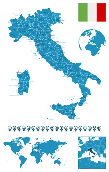 Itálie Podrobná Mapa Modré Země Městy Regiony Umístění Mapě Světa — Stockový vektor