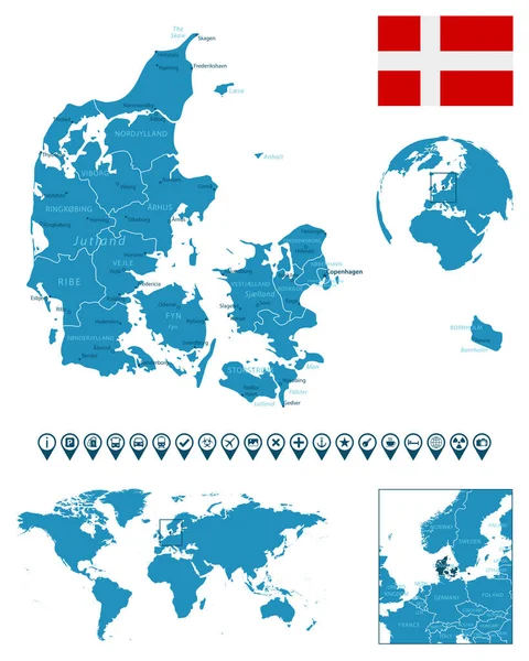 Dänemark Detaillierte Blaue Landkarte Mit Städten Regionen Lage Auf Weltkarte — Stockvektor