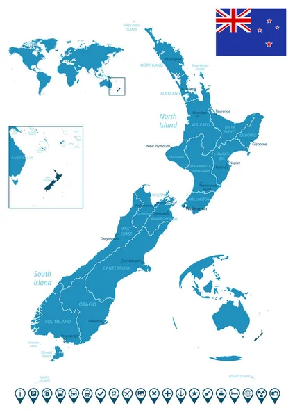 Neuseeland Detaillierte Blaue Landkarte Mit Städten Regionen Lage Auf Weltkarte — Stockvektor