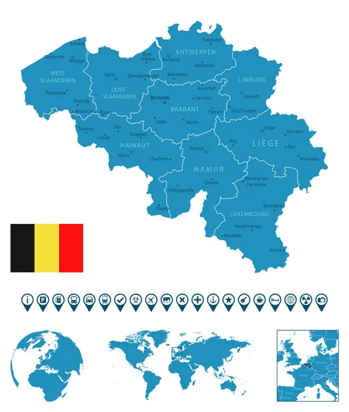 Бельгия Детальная Синяя Карта Страны Городами Регионами Расположением Карте Мира — стоковый вектор