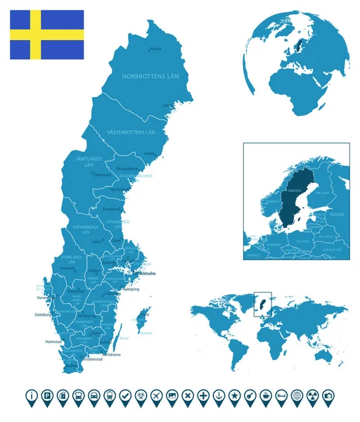 Švédsko Podrobná Mapa Modré Země Městy Regiony Umístění Mapě Světa — Stockový vektor