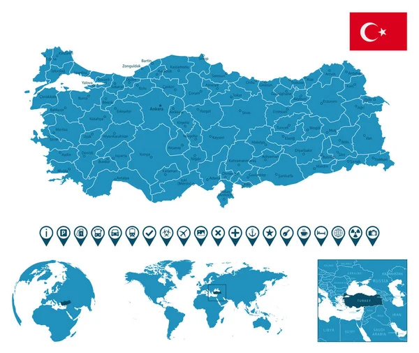 Türkiye - şehirler, bölgeler, dünya haritası ve küresi üzerinde yer alan detaylı bir mavi ülke haritası. Bilgi simgeleri. Vektör illüstrasyonu